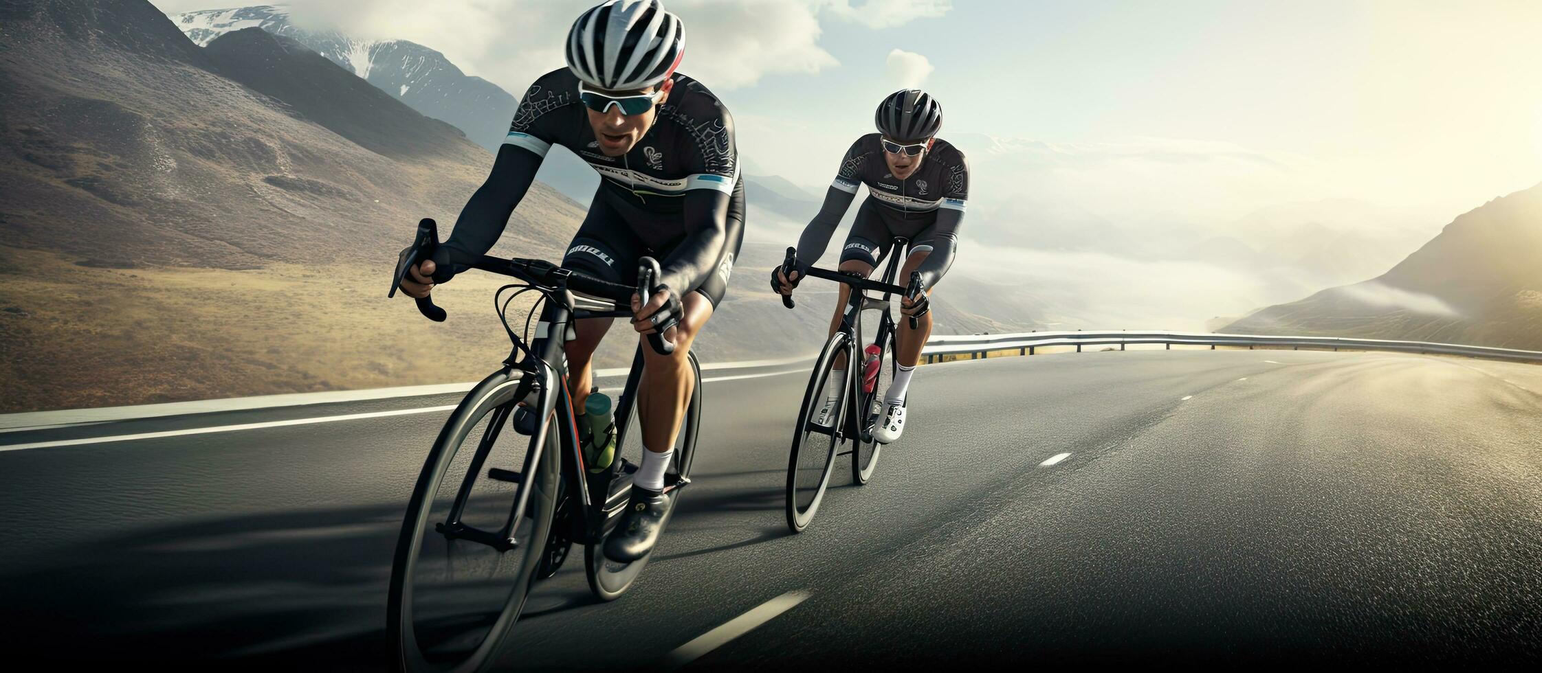 cyclists on racing bikes with helmets taking a break on the highway free photo